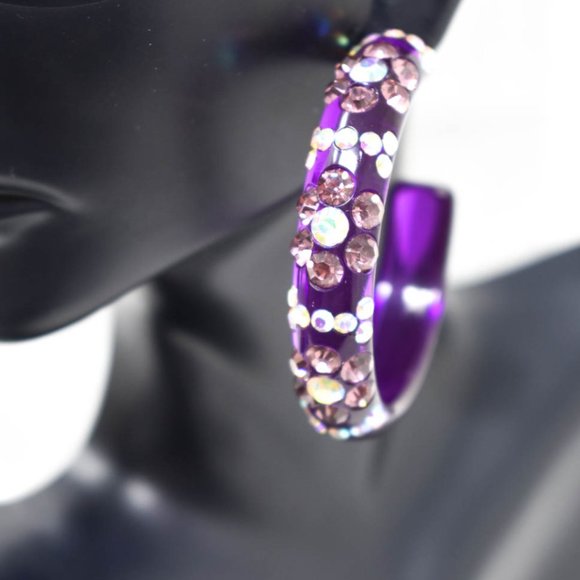 2" Flower Pattern Purple Lucite Rhinestone Hoops - Picture 10 of 13